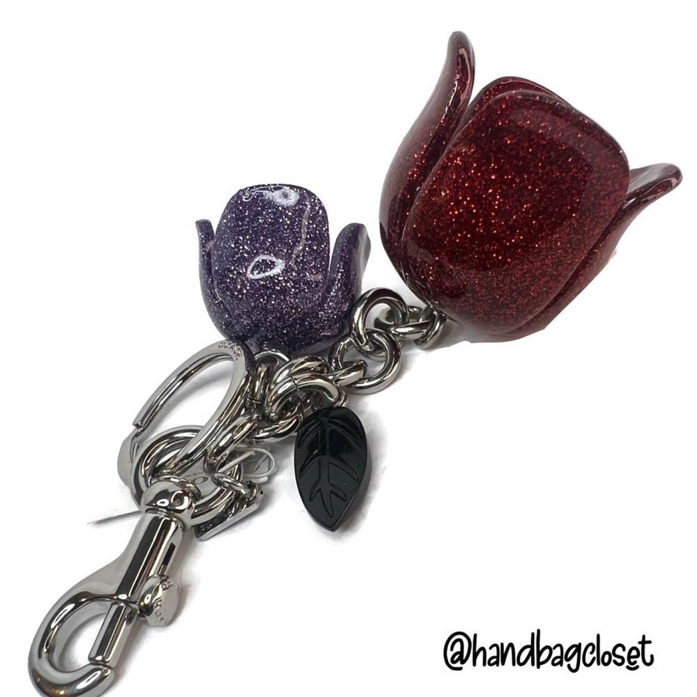 COACH GLITTER RESIN TEA ROSE BAG CHARM F58514 SILVER RED PURPLE TULIP KEYCHAIN - Picture 7 of 11